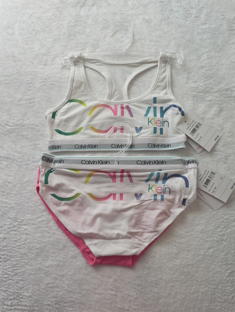 Calvin Klein White Tank & Brief Set with Multicolor Logo and Pink and Blue Trim